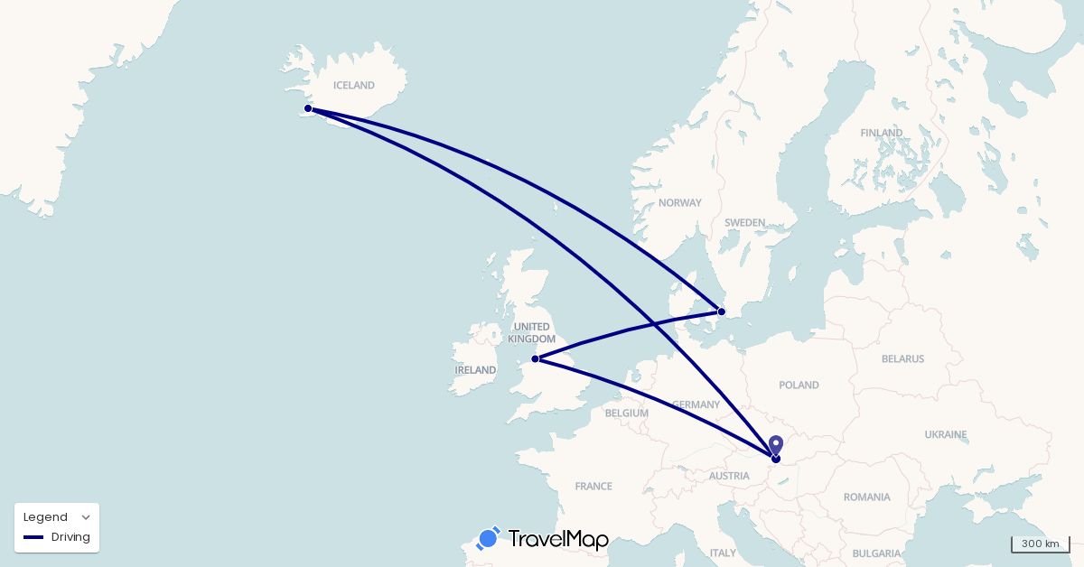 TravelMap itinerary: driving in Denmark, United Kingdom, Iceland, Slovakia (Europe)